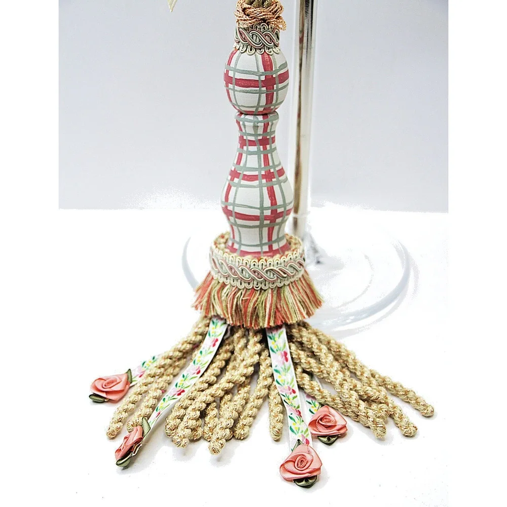 Decorative Curtain Tieback – Gold Rope w/ Plaid Bow & Pink Rose Tassels